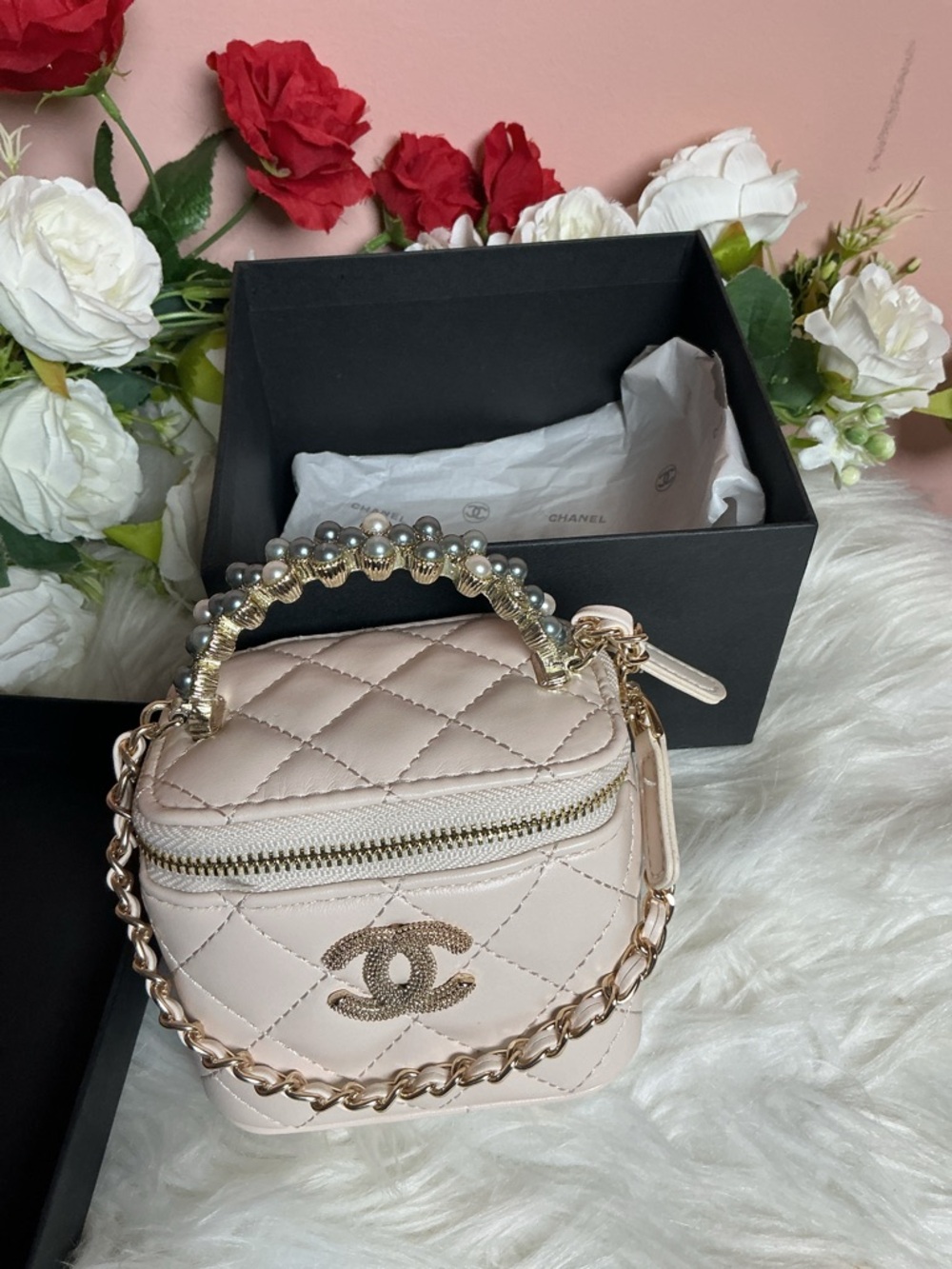 Cream Quilted Vanity Mini Shoulder Bag with Gold Hardware